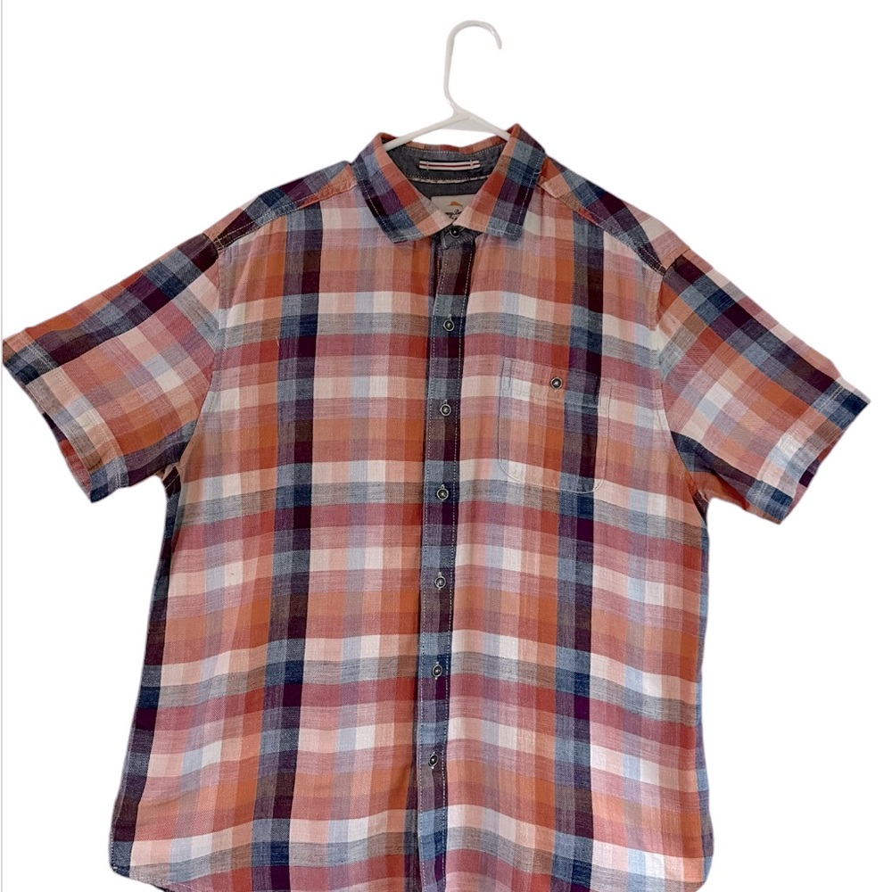 Tommy Bahama Jeans Men Large Short Sleeve Shirt Plaid Orange Blue Island Crafted